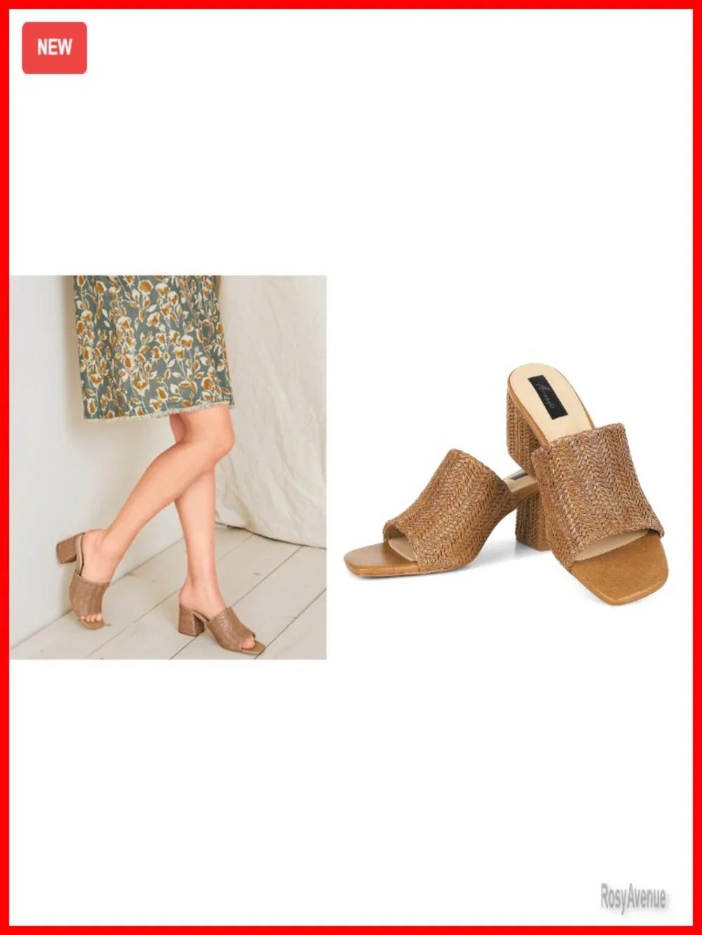 Women's Raffia Woven Square Toe Slip On Heeled Sandals Chunky Block Heel Slide